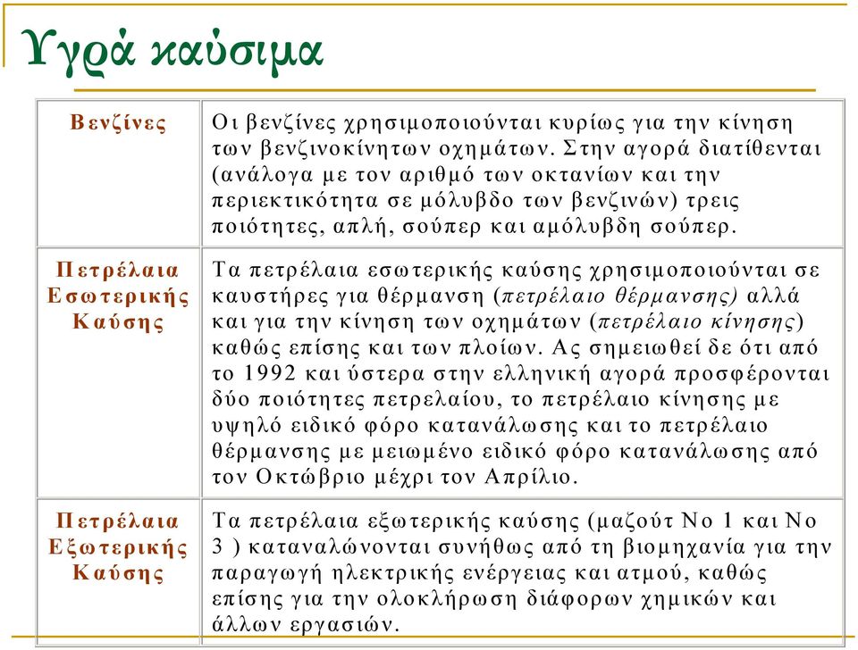 Τα πετρέλαια εσωτερικής καύσης χρησιµοποιούνται σε καυστήρες για θέρµανση (πετρέλαιο θέρµανσης) αλλά και για την κίνηση των οχηµάτων (πετρέλαιο κίνησης) καθώς επίσης και των πλοίων.