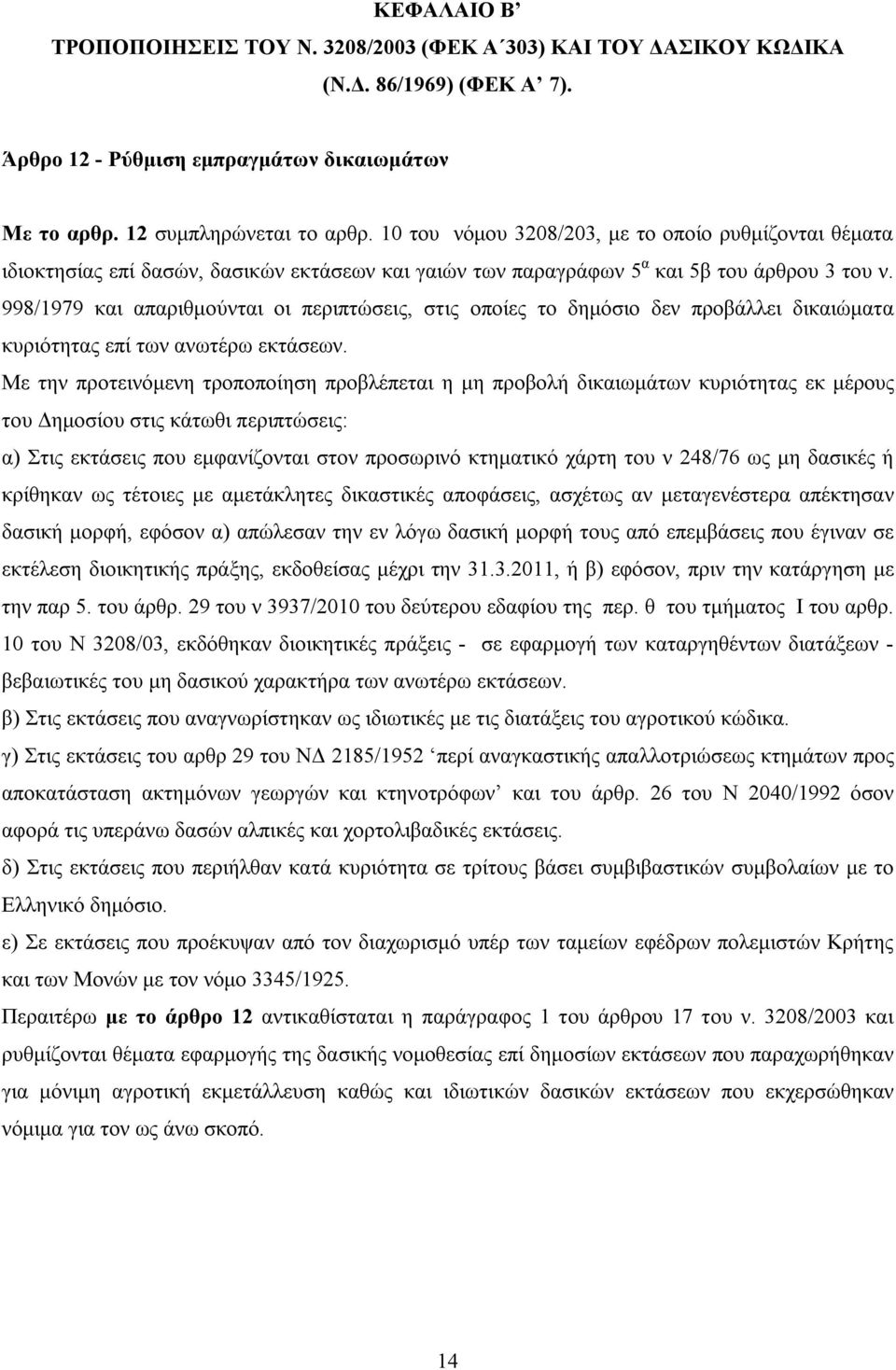 998/1979 και απαριθμούνται οι περιπτώσεις, στις οποίες το δημόσιο δεν προβάλλει δικαιώματα κυριότητας επί των ανωτέρω εκτάσεων.