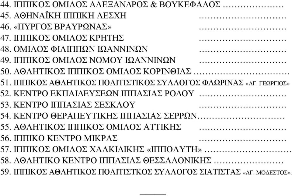ΚΕΝΤΡΟ ΕΚΠΑΙ ΕΥΣΕΩΝ ΙΠΠΑΣΙΑΣ ΡΟ ΟΥ 53. ΚΕΝΤΡΟ ΙΠΠΑΣΙΑΣ ΣΕΣΚΛΟΥ 54. ΚΕΝΤΡΟ ΘΕΡΑΠΕΥΤΙΚΗΣ ΙΠΠΑΣΙΑΣ ΣΕΡΡΩΝ 55. ΑΘΛΗΤΙΚΟΣ ΙΠΠΙΚΟΣ ΟΜΙΛΟΣ ΑΤΤΙΚΗΣ 56.