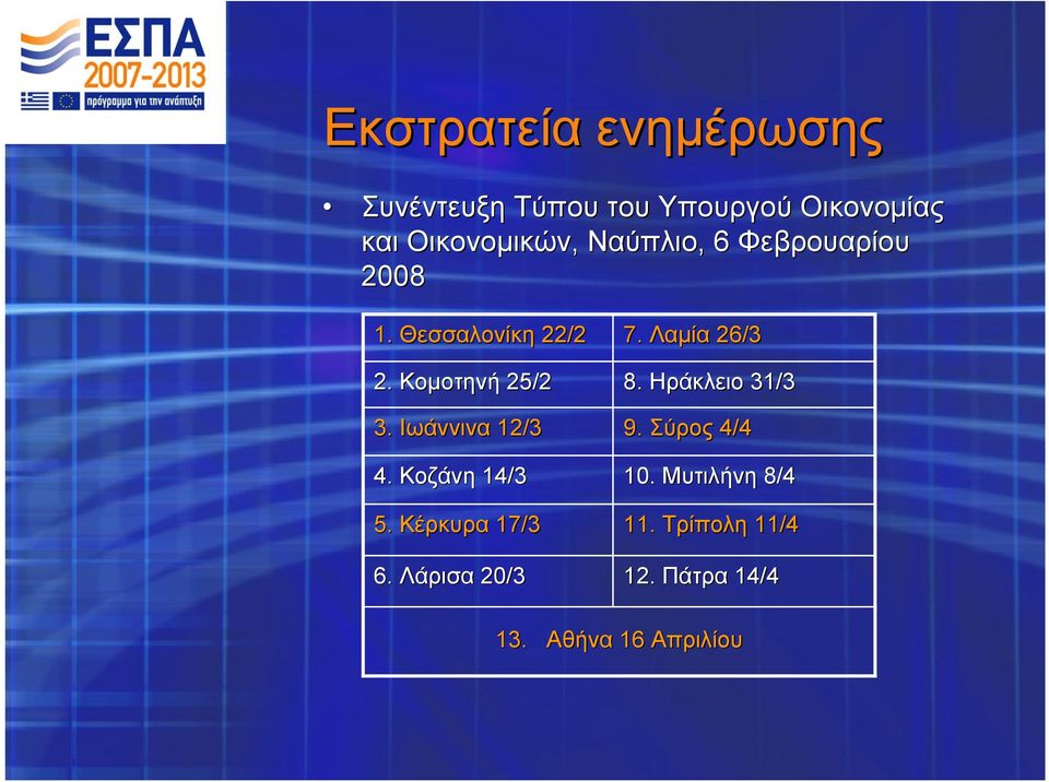 Ιωάννινα 12/3 4. Κοζάνη 14/3 5. Κέρκυρα 17/3 6. Λάρισα 20/3 7. Λαμία 26/3 8.