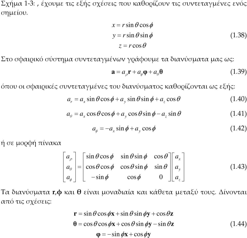 39) ρ φ θ όπου οι σφαιρικές συντεταγμένες του διανύσματος καθορίζονται ως εξής: ή σε μορφή πίνακα a = a sinθ cosφ+ a sinθ sinφ+ a cosθ (.