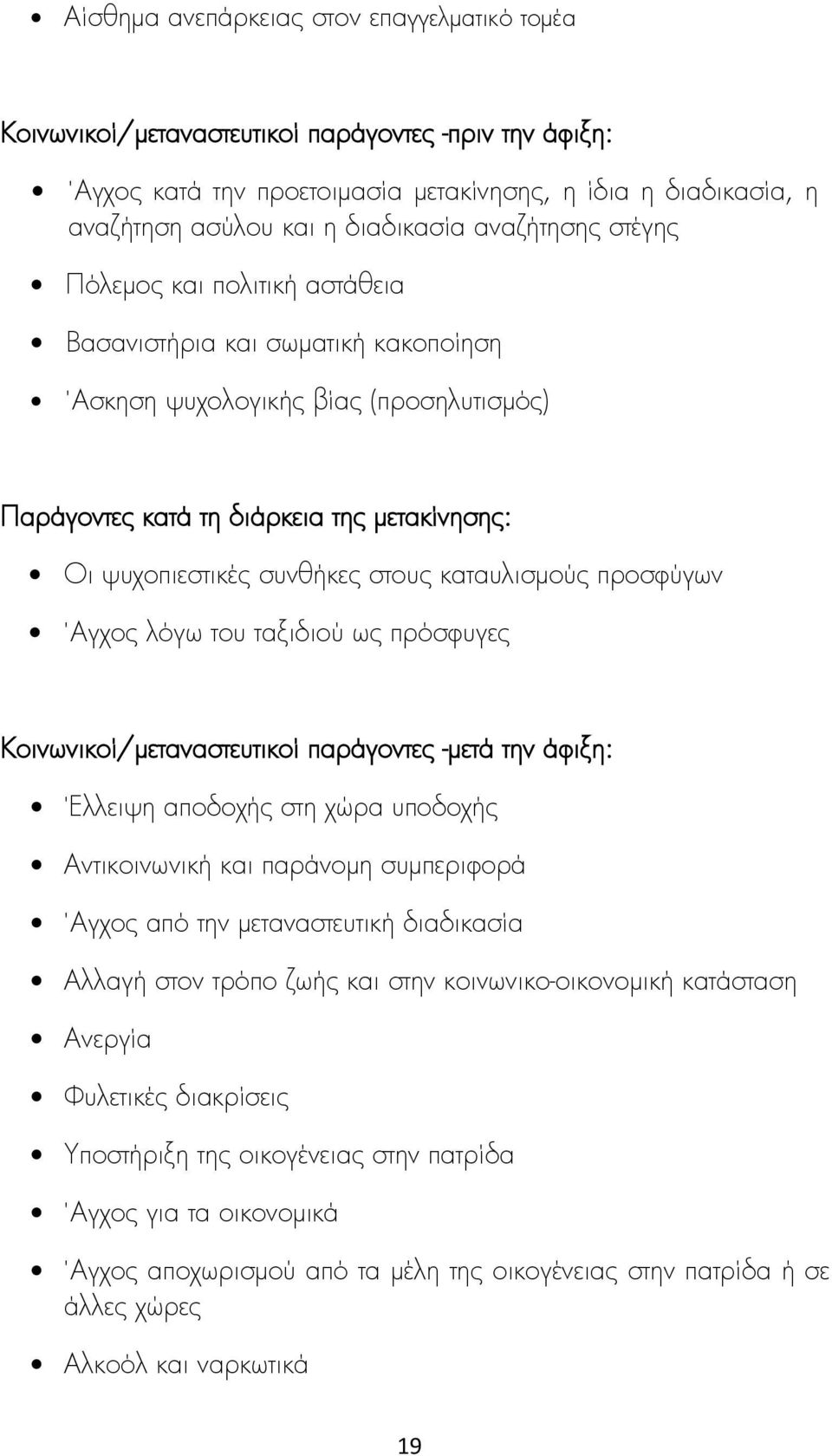 στους καταυλισμούς προσφύγων Άγχος λόγω του ταξιδιού ως πρόσφυγες Κοινωνικοί/μεταναστευτικοί παράγοντες -μετά την άφιξη: Έλλειψη αποδοχής στη χώρα υποδοχής Αντικοινωνική και παράνομη συμπεριφορά