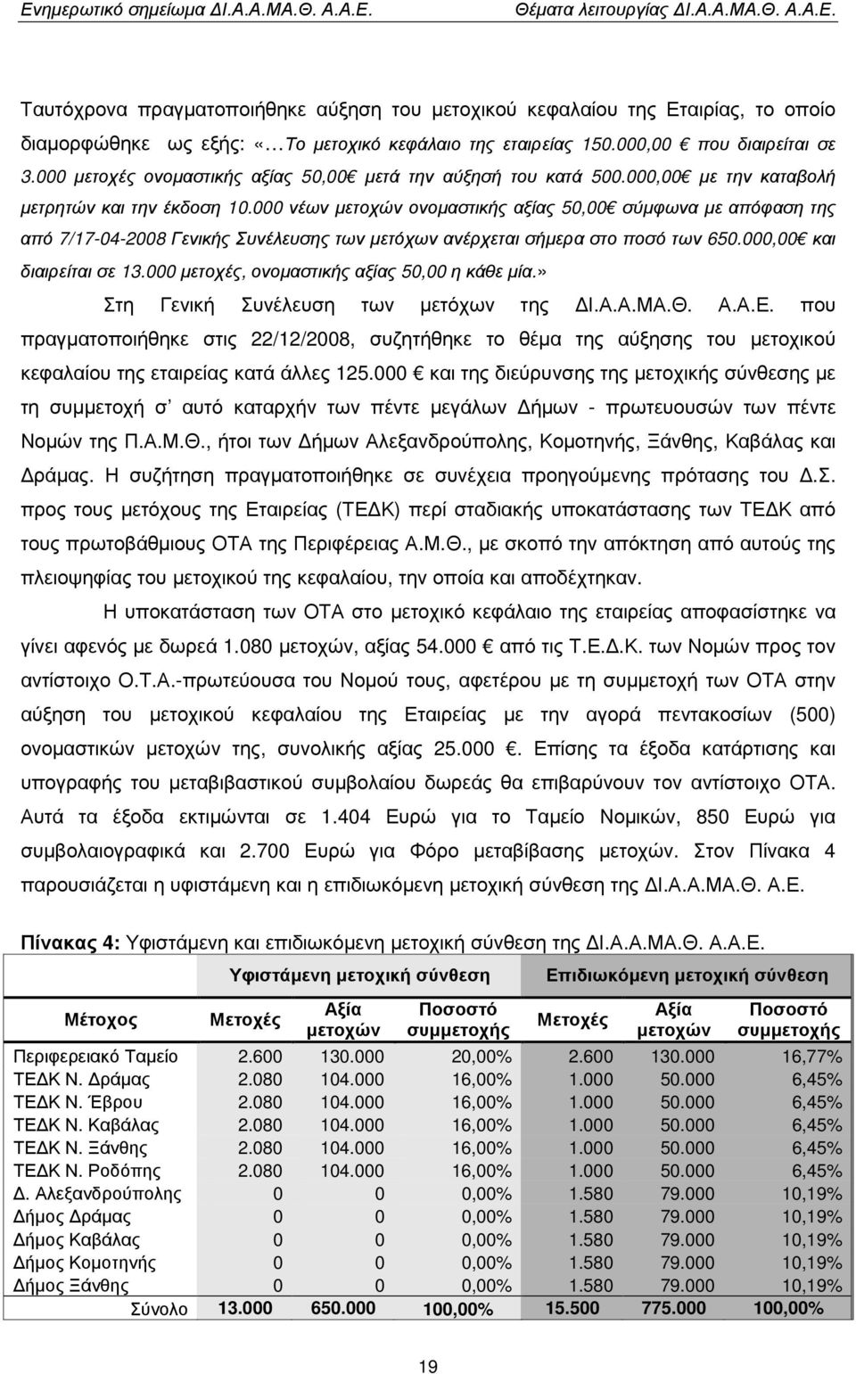 000 νέων µετοχών ονοµαστικής αξίας 50,00 σύµφωνα µε απόφαση της από 7/17-04-2008 Γενικής Συνέλευσης των µετόχων ανέρχεται σήµερα στο ποσό των 650.000,00 και διαιρείται σε 13.