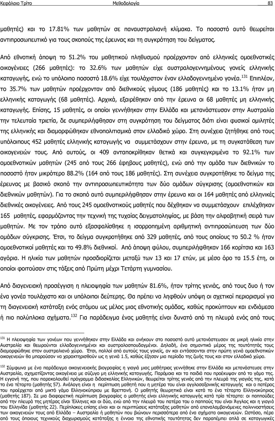 6% των μαθητών είχε αυστραλογεννημένους γονείς ελληνικής καταγωγής, ενώ το υπόλοιπο ποσοστό 18.6% είχε τουλάχιστον έναν ελλαδογεννημένο γονέα. 131 Επιπλέον, το 35.