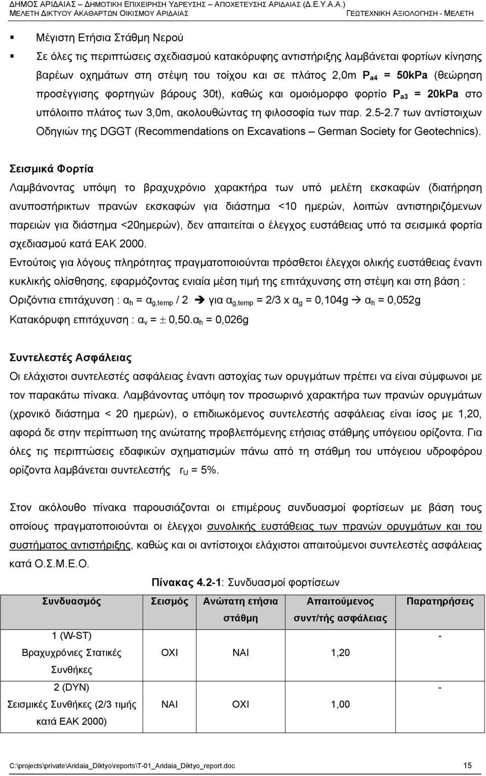 σχεδιασμού κατακόρυφης αντιστήριξης λαμβάνεται φορτίων κίνησης βαρέων οχημάτων στη στέψη του τοίχου και σε πλάτος 2,0m P a4 = 50kPa (θεώρηση προσέγγισης φορτηγών βάρους 30t), καθώς και ομοιόμορφο