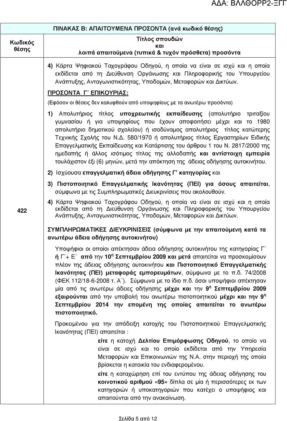 ΠΡΟΣΟΝΤΑ Γ ΕΠΙΚΟΥΡΙΑΣ: (Εφόσον οι θέσεις δεν καλυφθούν από υποψηφίους µε τα ανωτέρω προσόντα) 1) Απολυτήριος τίτλος υποχρεωτικής εκπαίδευσης (απολυτήριο τριταξίου γυµνασίου ή για υποψηφίους που έχουν