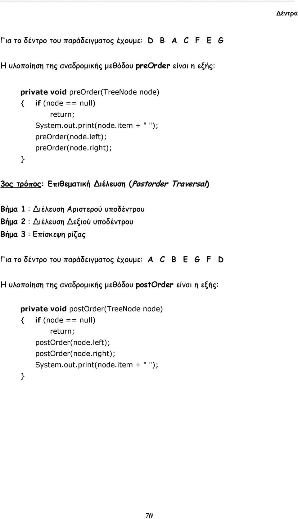 right); 3ος τρόπος: Eπιθεµατική Διέλευση (Postorder Traversal) Bήµα 1 : Διέλευση Aριστερού υποδέντρου Bήµα 2 : Διέλευση Δεξιού υποδέντρου Bήµα 3 : Eπίσκεψη ρίζας Για