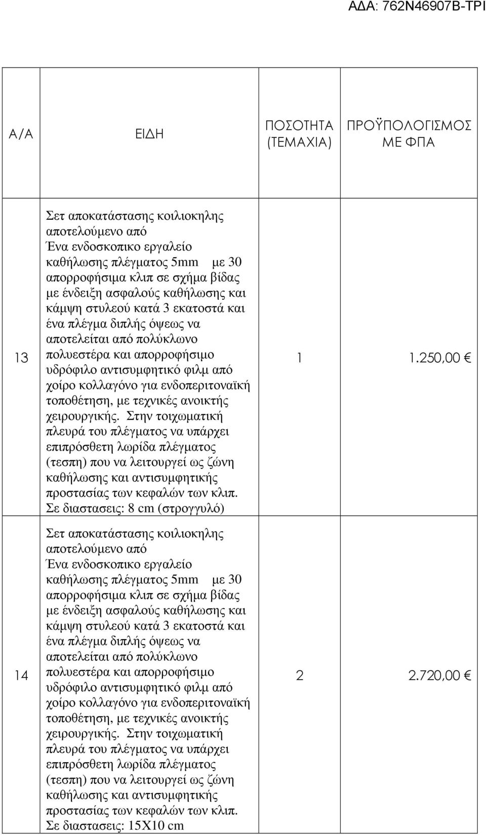 χειρουργικής. Στην τοιχωµατική πλευρά του πλέγµατος να υπάρχει επιπρόσθετη λωρίδα πλέγµατος (τεσπη) που να λειτουργεί ως ζώνη καθήλωσης και αντισυµφητικής προστασίας των κεφαλών των κλιπ.