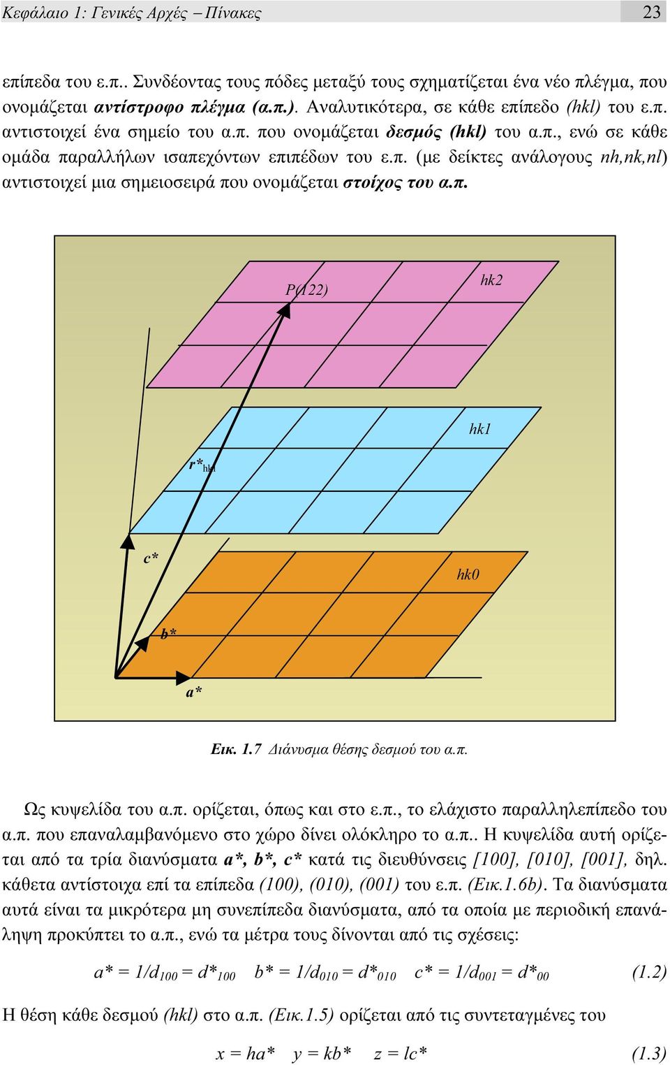 π. P(1) hk hk1 r* hkl * hk0 b* * Εικ. 1.7 ιάνυσµα θέσης δεσµού του α.π. Ως κυψελίδα του α.π. ορίζεται, όπως και στο ε.π., το ελάχιστο παραλληλεπίπεδο του α.π. που επαναλαµβανόµενο στο χώρο δίνει ολόκληρο το α.