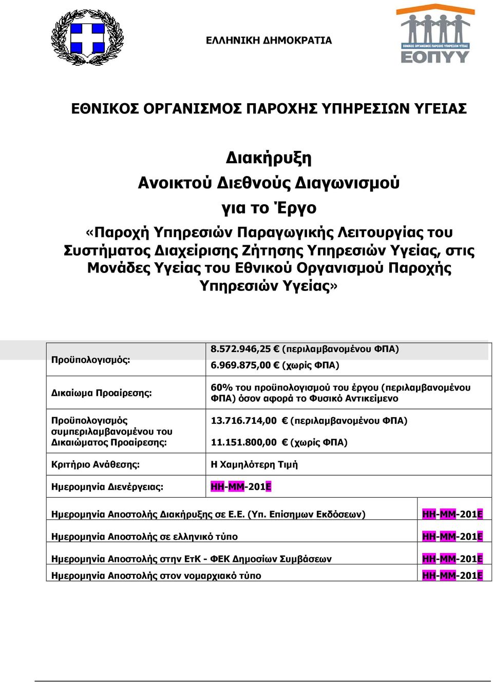 Ηµεροµηνία ιενέργειας: 8.572.946,25 (περιλαµβανοµένου ΦΠΑ) 6.969.875,00 (χωρίς ΦΠΑ) 60% του προϋπολογισµού του έργου (περιλαµβανοµένου ΦΠΑ) όσον αφορά το Φυσικό Αντικείµενο 13.716.