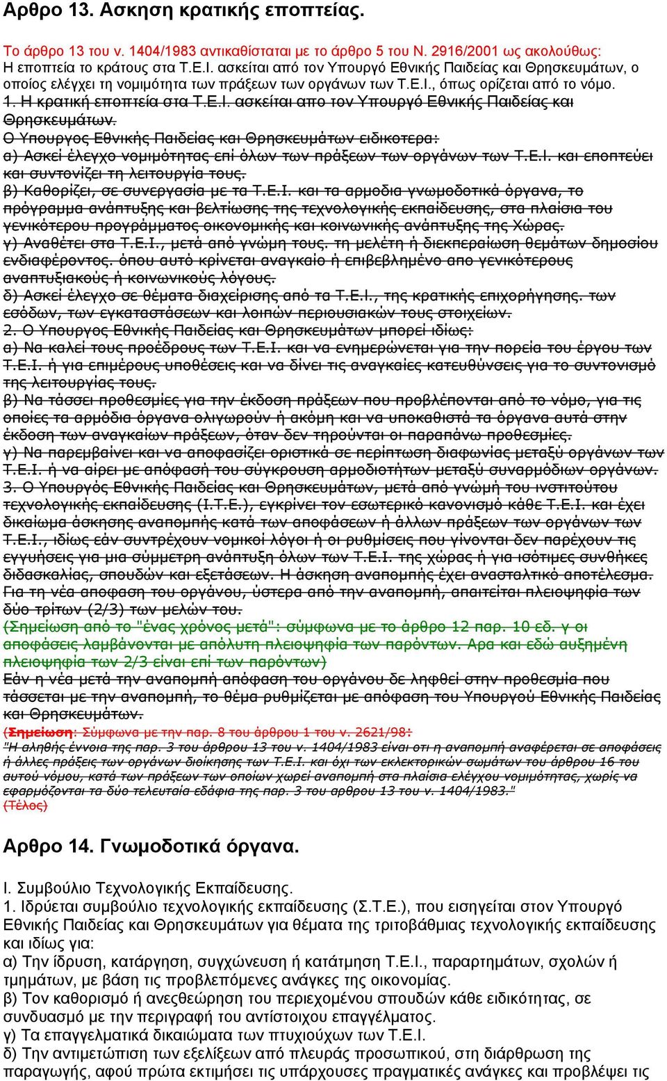 Ο Υπουργος Εθνικής Παιδείας και Θρησκευµάτων ειδικοτερα: α) Ασκεί έλεγχο νοµιµότητας επί όλων των πράξεων των οργάνων των Τ.Ε.l. και εποπτεύει και συντονίζει τη λειτουργία τους.