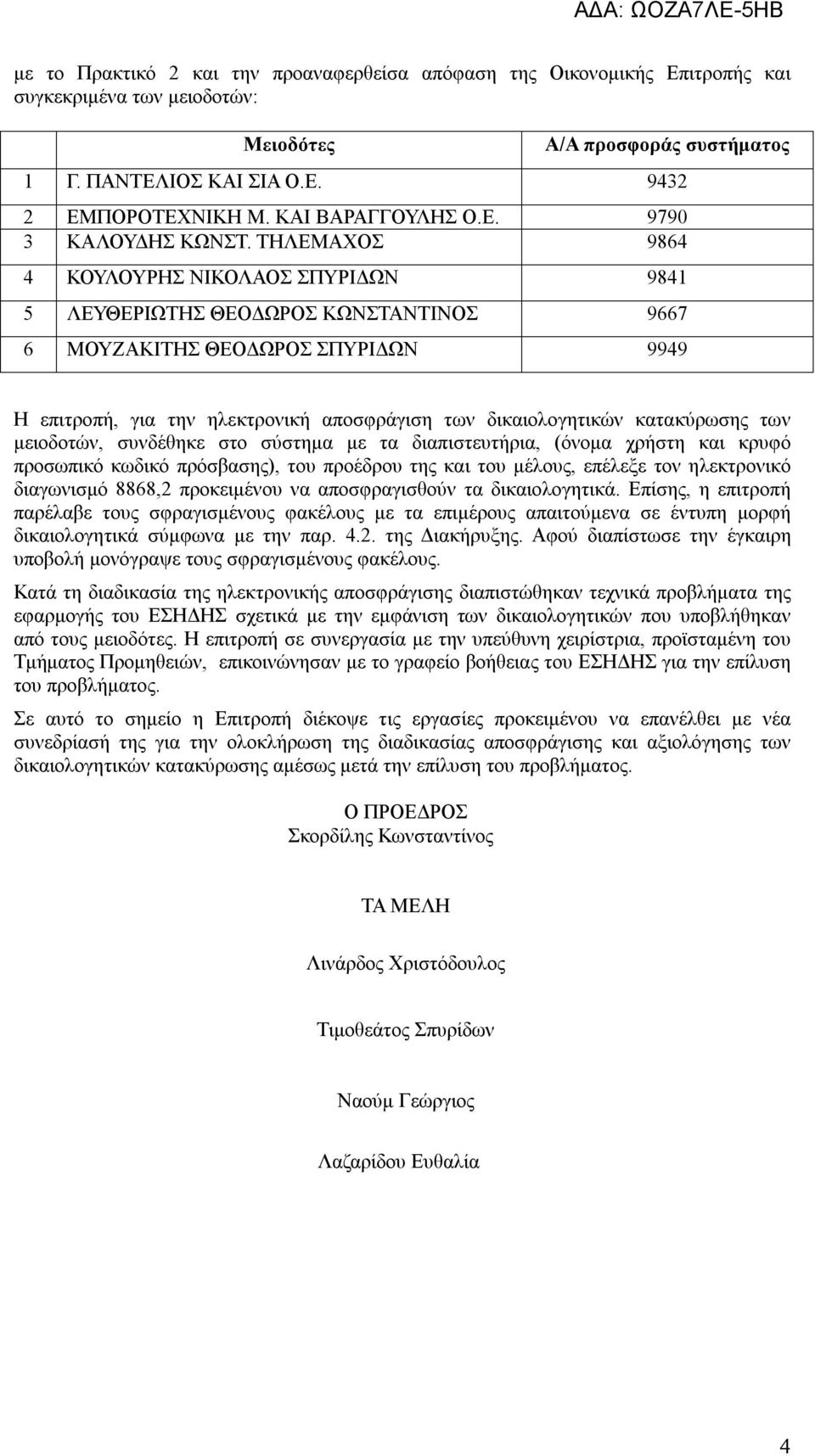 ΤΗΛΕΜΑΧΟΣ 9864 4 ΚΟΥΛΟΥΡΗΣ ΝΙΚΟΛΑΟΣ ΣΠΥΡΙΔΩΝ 9841 5 ΛΕΥΘΕΡΙΩΤΗΣ ΘΕΟΔΩΡΟΣ ΚΩΝΣΤΑΝΤΙΝΟΣ 9667 6 ΜΟΥΖΑΚΙΤΗΣ ΘΕΟΔΩΡΟΣ ΣΠΥΡΙΔΩΝ 9949 Η επιτροπή, για την ηλεκτρονική αποσφράγιση των δικαιολογητικών