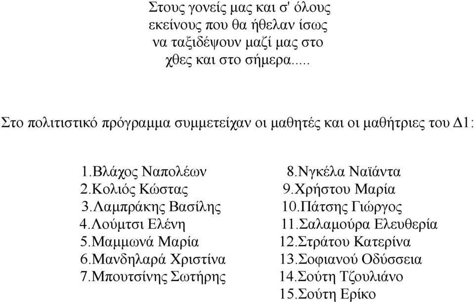 Λακπξάθεο Βαζίιεο 4.Λνύκηζη Διέλε 5.Μακκσλά Μαξία 6.Μαλδειαξά Υξηζηίλα 7.Μπνπηζίλεο σηήξεο 8.Νγθέια Νατάληα 9.