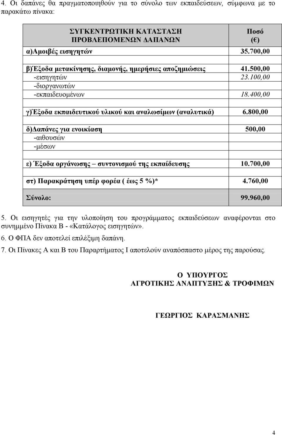 800,00 δ)γαπάλεο γηα ελνηθίαζε 500,00 -αηζνπζψλ -κέζσλ ε) Έμνδα νξγάλωζεο ζπληνληζκνύ ηεο εθπαίδεπζεο 10.700,00 ζη) Παξαθξάηεζε ππέξ θνξέα ( έωο 5 %)* 4.760,00 ύλνιν: 99.960,00 5.