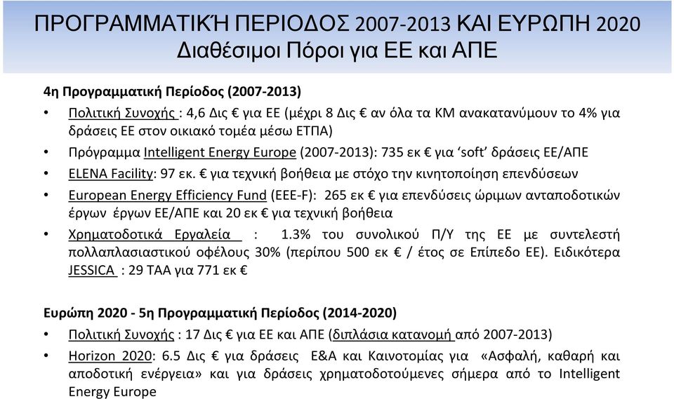 για τεχνική βοήθεια με στόχο την κινητοποίηση επενδύσεων European Energy Efficiency Fund(EEE-F): 265 εκ για επενδύσεις ώριμων ανταποδοτικών έργων έργωνεε/απεκαι20 εκ γιατεχνικήβοήθεια Χρηματοδοτικά