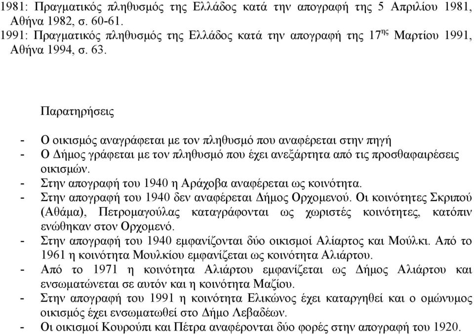 - Στην απογραφή του 1940 η Αράχοβα αναφέρεται ως κοινότητα. - Στην απογραφή του 1940 δεν αναφέρεται Δήμος Ορχομενού.