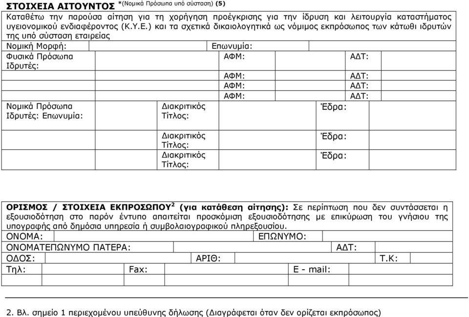 ) και τα σχετικά δικαιολογητικά ως νόµιµος εκπρόσωπος των κάτωθι ιδρυτών της υπό σύσταση εταιρείας Νοµική Μορφή: Επωνυµία: Φυσικά Πρόσωπα Ιδρυτές: Νοµικά Πρόσωπα Ιδρυτές: Επωνυµία: ιακριτικός Τίτλος: