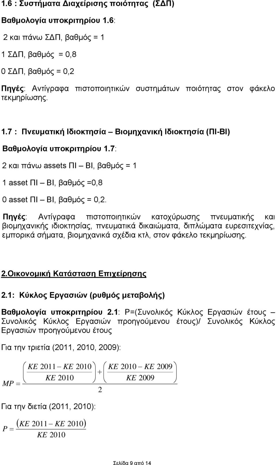 7: 2 και πάνω assets ΠΙ BI, βαθμός = 1 1 asset ΠΙ BI, βαθμός =0,8 0 asset ΠΙ BI, βαθμός = 0,2.