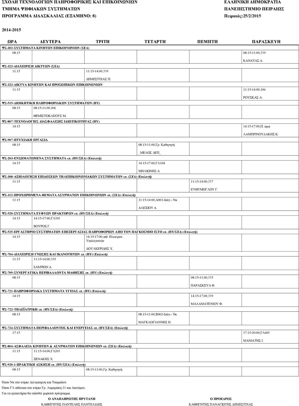 ΨΣ-807-ΤΕΧΝΟΛΟΓΙΕΣ ΔΙΑΣΦΑΛΙΣΗΣ ΙΔΙΩΤΙΚΟΤΗΤΑΣ (ΗΥ) 14:15 14:15-17:00,Π. αμφ ΨΣ-907-ΠΤΥΧΙΑΚΗ ΕΡΓΑΣΙΑ 08:15 08:15-11:00,Γρ. Καθηγητή ΛΑΜΠΡΙΝΟΥΔΑΚΗΣ Κ. _ΜΕΛΟΣ ΔΕΠ_ ΨΣ-203-ΕΝΣΩΜΑΤΩΜΕΝΑ ΣΥΣΤΗΜΑΤΑ επ.