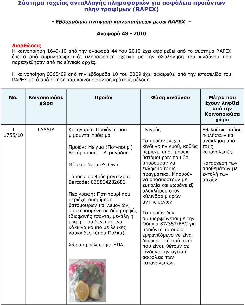 Η κοινοποίηση 0365/09 από την εβδομάδα 10 του 2009 έχει αφαιρεθεί από την ιστοσελίδα του RAPEX μετά από αίτηση του κοινοποιούντος κράτους μέλους. No.