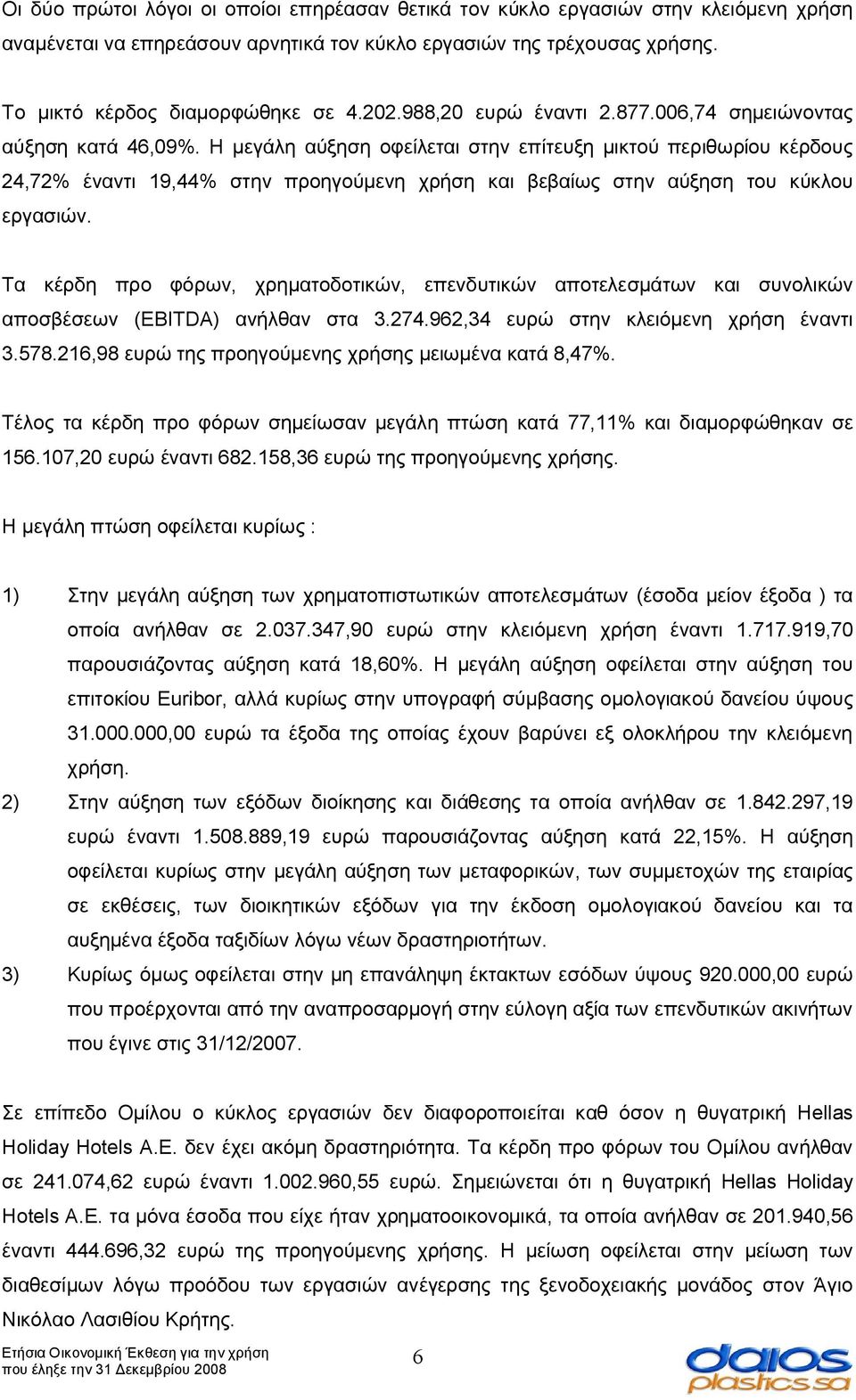 Η μεγάλη αύξηση οφείλεται στην επίτευξη μικτού περιθωρίου κέρδους 24,72% έναντι 19,44% στην προηγούμενη χρήση και βεβαίως στην αύξηση του κύκλου εργασιών.