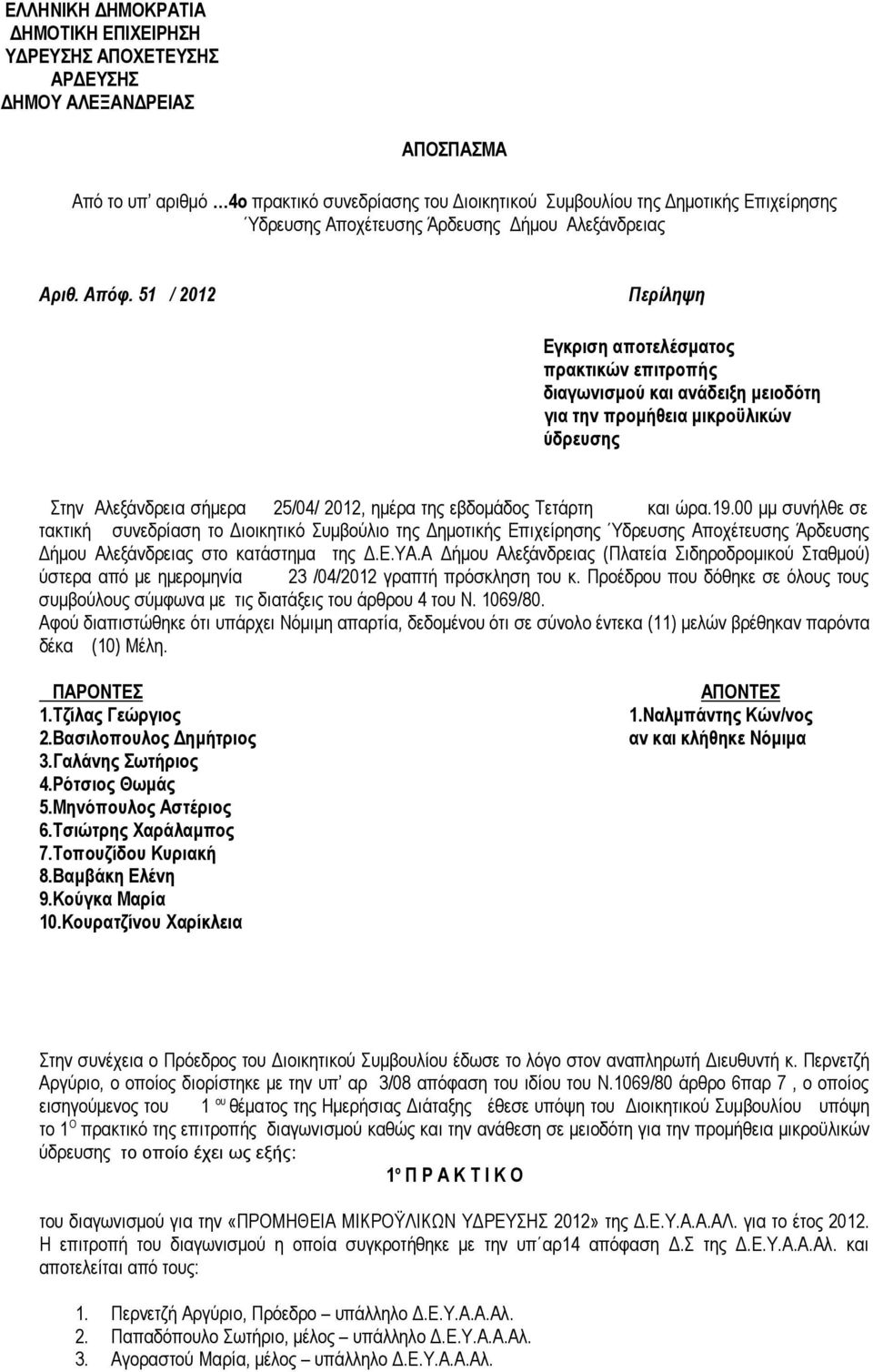 51 / 2012 Περίληψη Εγκριση αποτελέσµατος πρακτικών επιτροπής διαγωνισµού και ανάδειξη µειοδότη για την προµήθεια µικροϋλικών ύδρευσης Στην Αλεξάνδρεια σήµερα 25/04/ 2012, ηµέρα της εβδοµάδος Τετάρτη