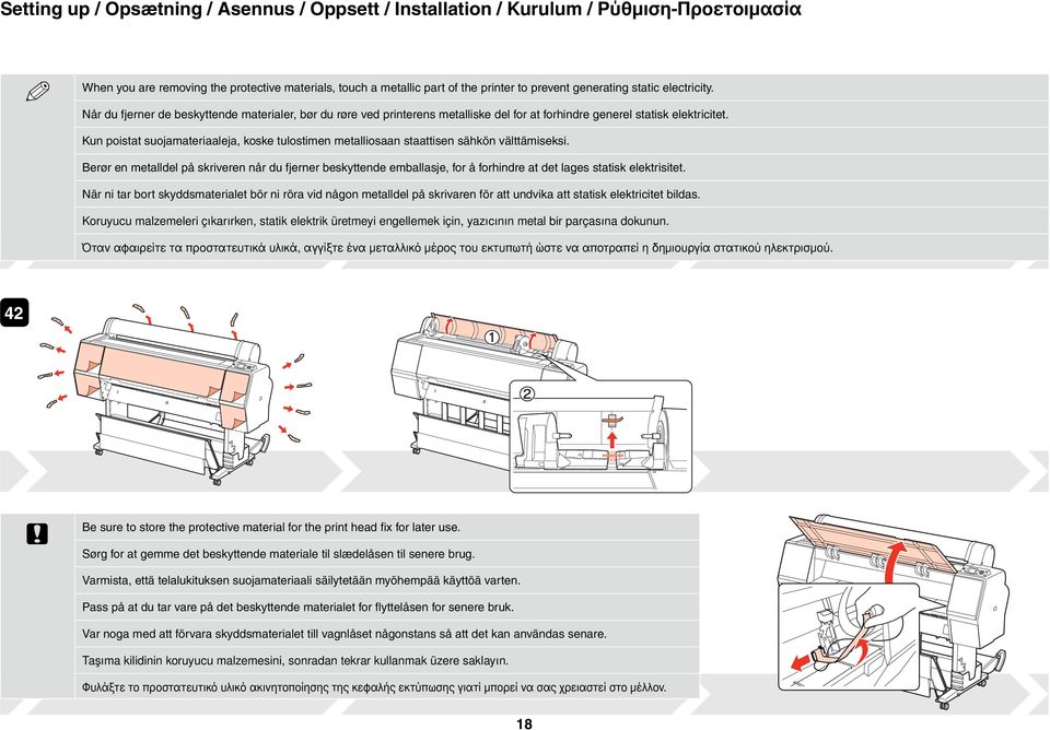 Kun poistat suojamateriaaleja, koske tulostimen metalliosaan staattisen sähkön välttämiseksi.