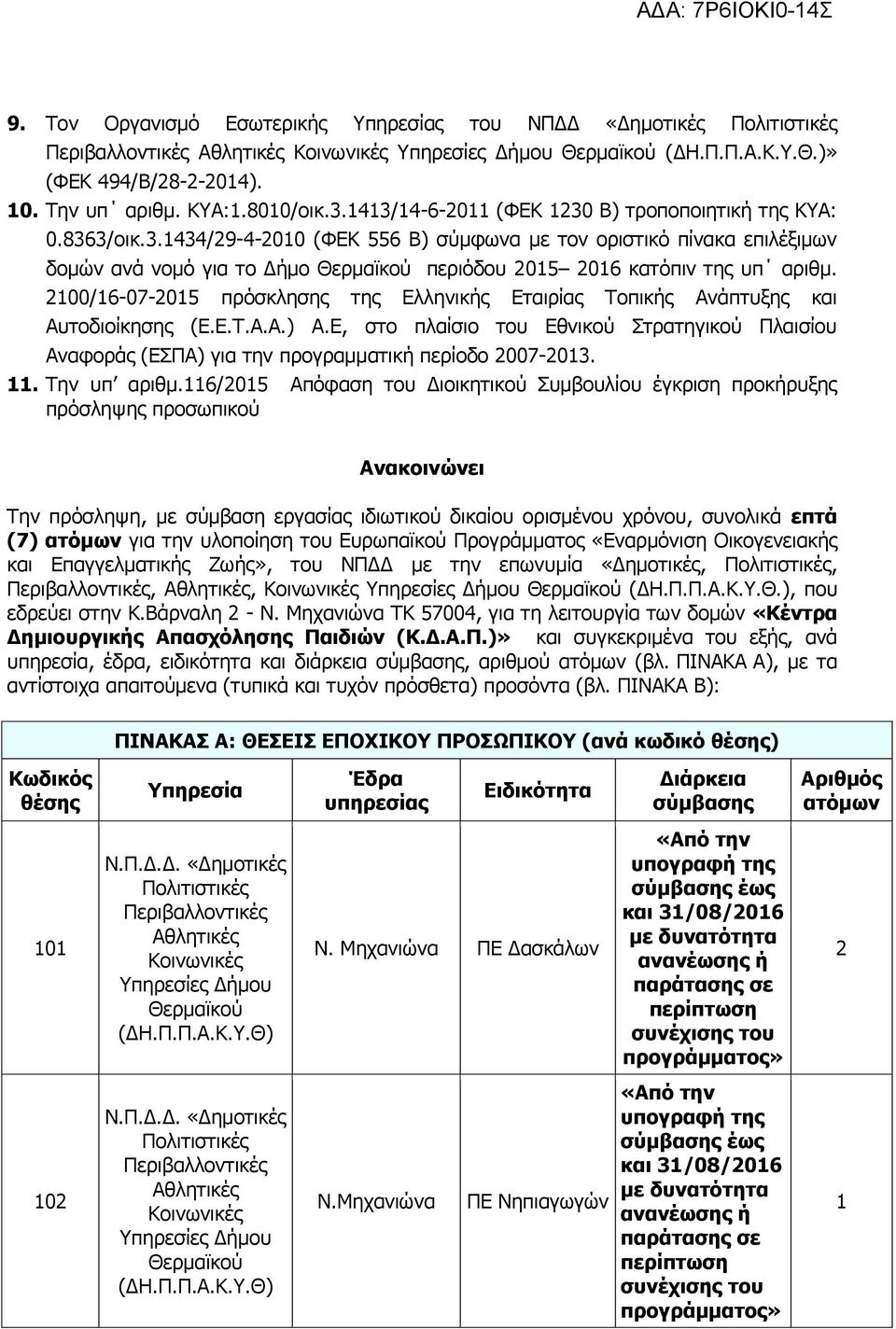 2100/16-07-2015 πρόσκλησης της Ελληνικής Εταιρίας Τοπικής Ανάπτυξης και Αυτοδιοίκησης (Ε.Ε.Τ.Α.Α.) Α.