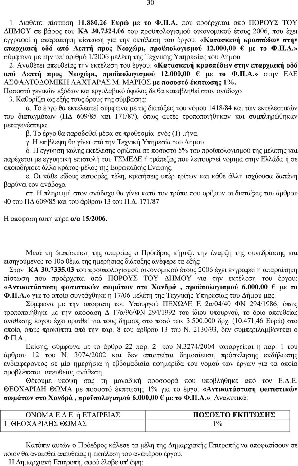 000,00 με το Φ.Π.Α.» σύμφωvα με τηv υπ' αριθμό 1/2006 μελέτη της Τεχvικής Υπηρεσίας τoυ Δήμoυ. 2.