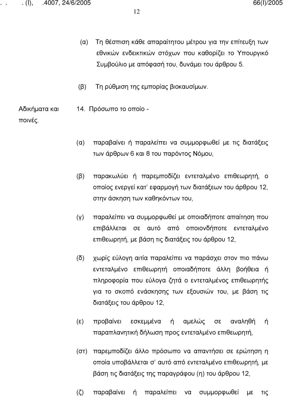 Πρόσωπο το οποίο - (α) παραβαίνει ή παραλείπει να συμμορφωθεί με τις διατάξεις των άρθρων 6 και 8 του παρόντος Νόμου, (β) (γ) (δ) παρακωλύει ή παρεμποδίζει εντεταλμένο επιθεωρητή, ο οποίος ενεργεί