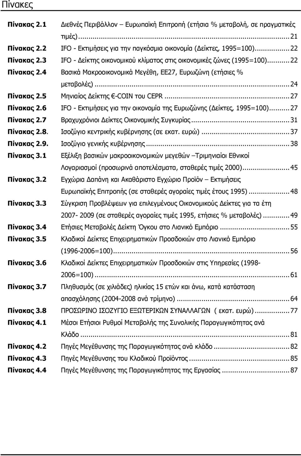 5 Μηνιαίος είκτης -CΟΙΝ του CEPR...27 Πίνακας 2.6 IFO - Εκτιµήσεις για την οικονοµία της Ευρωζώνης ( είκτες, 1995=100)...27 Πίνακας 2.7 Βραχυχρόνιοι είκτες Οικονοµικής Συγκυρίας...31 Πίνακας 2.8.