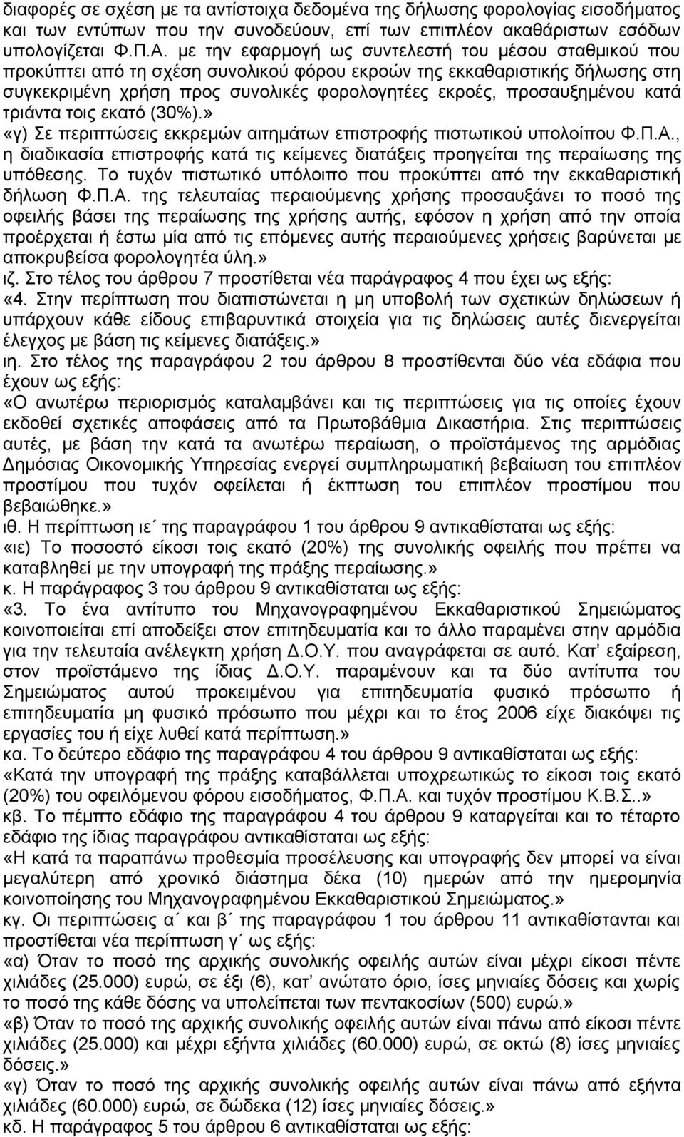 κατά τριάντα τοις εκατό (30%).» «γ) Σε περιπτώσεις εκκρεμών αιτημάτων επιστροφής πιστωτικού υπολοίπου Φ.Π.Α., η διαδικασία επιστροφής κατά τις κείμενες διατάξεις προηγείται της περαίωσης της υπόθεσης.