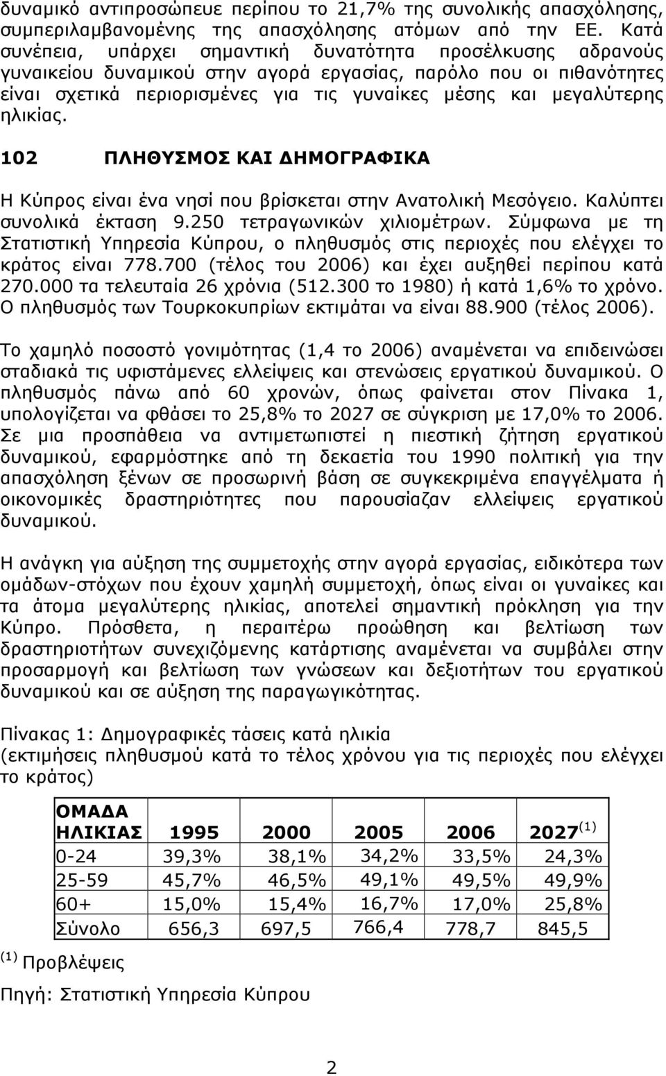 ηλικίας. 102 ΠΛΗΘΥΣΜΟΣ ΚΑΙ ΔΗΜΟΓΡΑΦΙΚΑ Η Κύπρος είναι ένα νησί που βρίσκεται στην Ανατολική Μεσόγειο. Καλύπτει συνολικά έκταση 9.250 τετραγωνικών χιλιομέτρων.