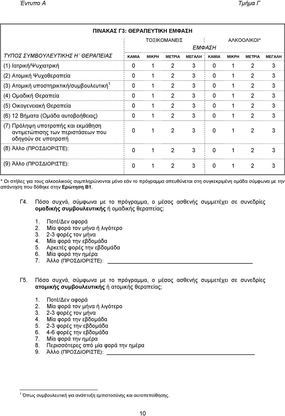 αυτοβοήθειας) 0 1 2 3 0 1 2 3 (7) Πρόληψη υποτροπής και εκµάθηση αντιµετώπισης των περιστάσεων που οδηγούν σε υποτροπή 0 1 2 3 0 1 2 3 (8) Άλλο (ΠΡΟΣ ΙΟΡΙΣΤΕ): 0 1 2 3 0 1 2 3 (9) Άλλο (ΠΡΟΣ