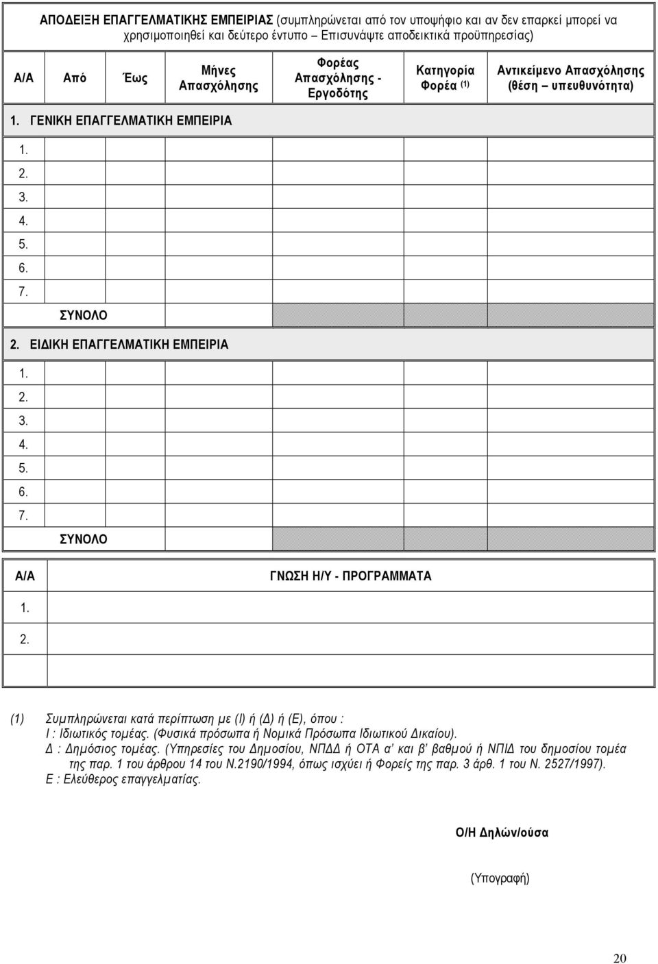 2. (1) Συμπληρώνεται κατά περίπτωση με (Ι) ή (Δ) ή (Ε), όπου : Ι : Ιδιωτικός τομέας. (Φυσικά πρόσωπα ή Νομικά Πρόσωπα Ιδιωτικού Δικαίου). Δ : Δημόσιος τομέας.
