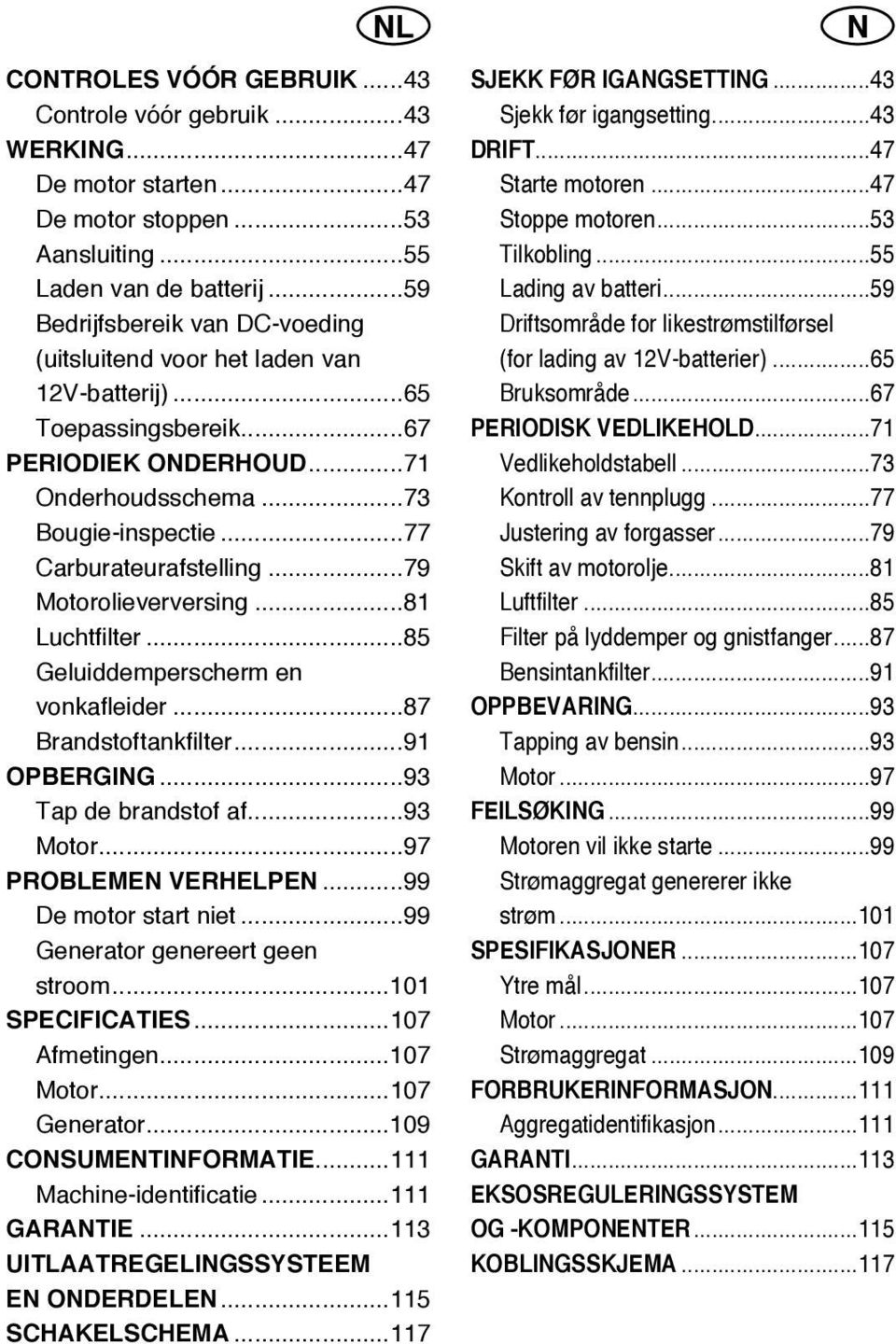 ..79 Motorolieverversing...8 Luchtfilter...85 Geluiddemperscherm en vonkafleider...87 Brandstoftankfilter...9 OPBERGIG...93 Tap de brandstof af...93 Motor...97 PROBLEME VERHELPE.