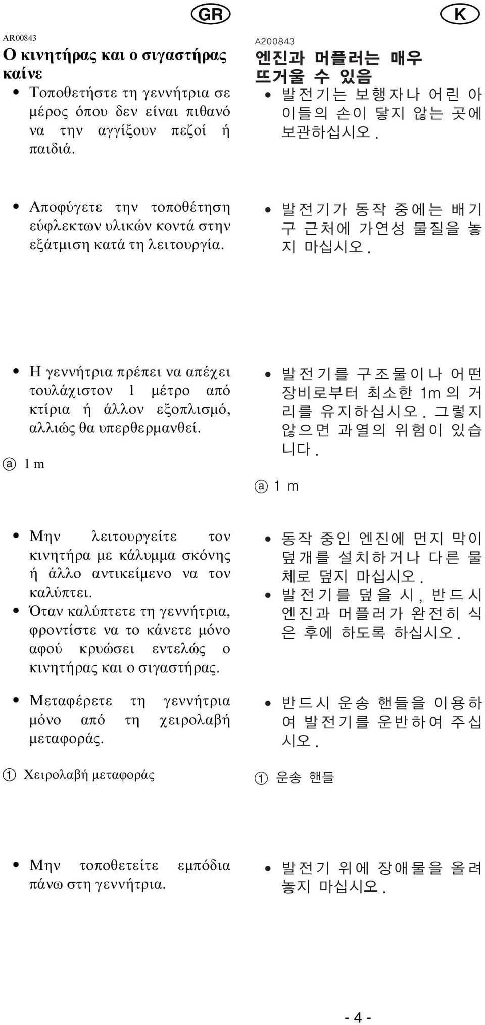 9 9 Η γεννήτρια πρέπει να απέχει τουλάχιστον µέτρο απ κτίρια ή άλλον εξοπλισµ, αλλιώς θα υπερθερµανθεί.