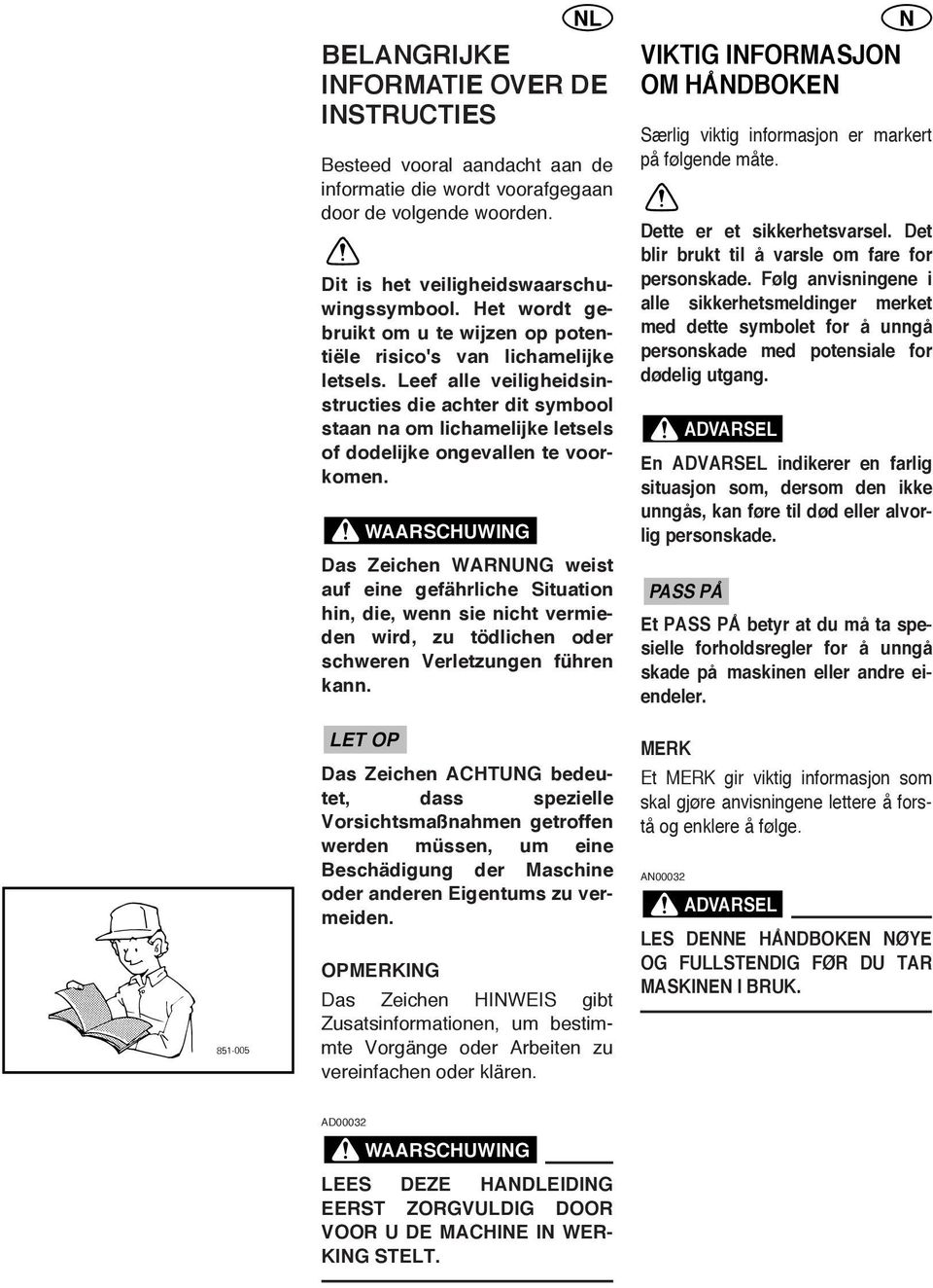 Leef alle veiligheidsinstructies die achter dit symbool staan na om lichamelijke letsels of dodelijke ongevallen te voorkomen.