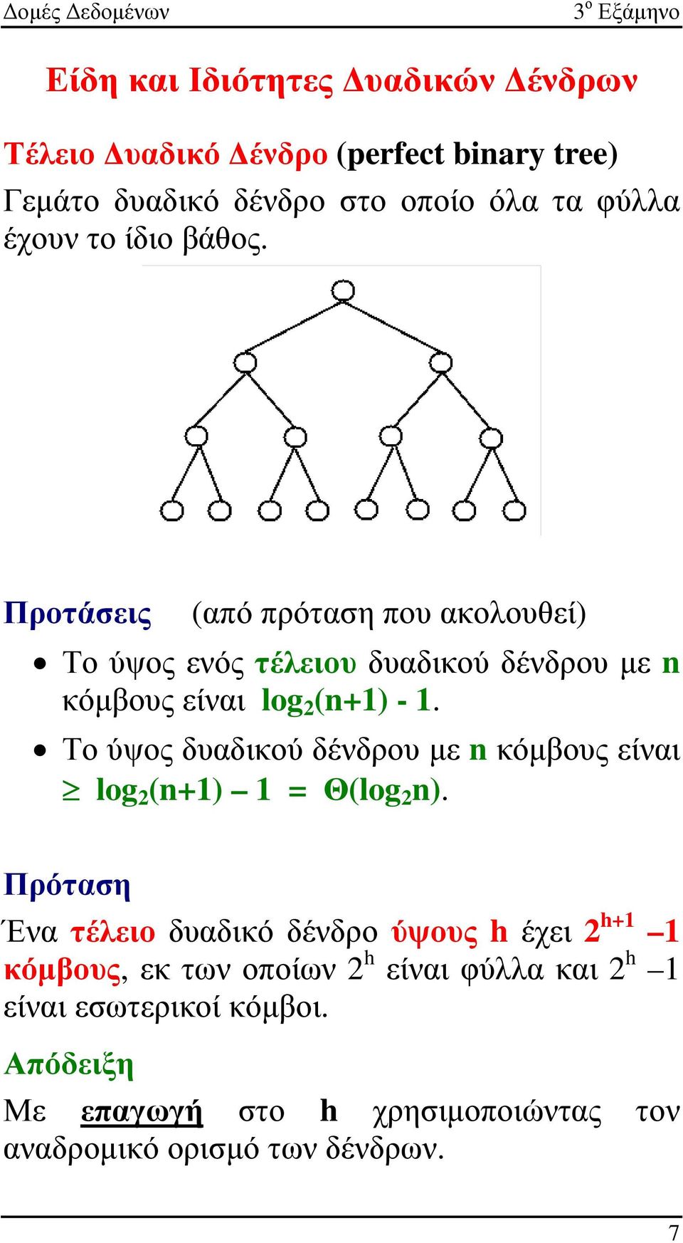 Το ύψος δυαδικού δένδρου µε n κόµβους είναι log 2 (n+1) 1 = Θ(log 2 n).