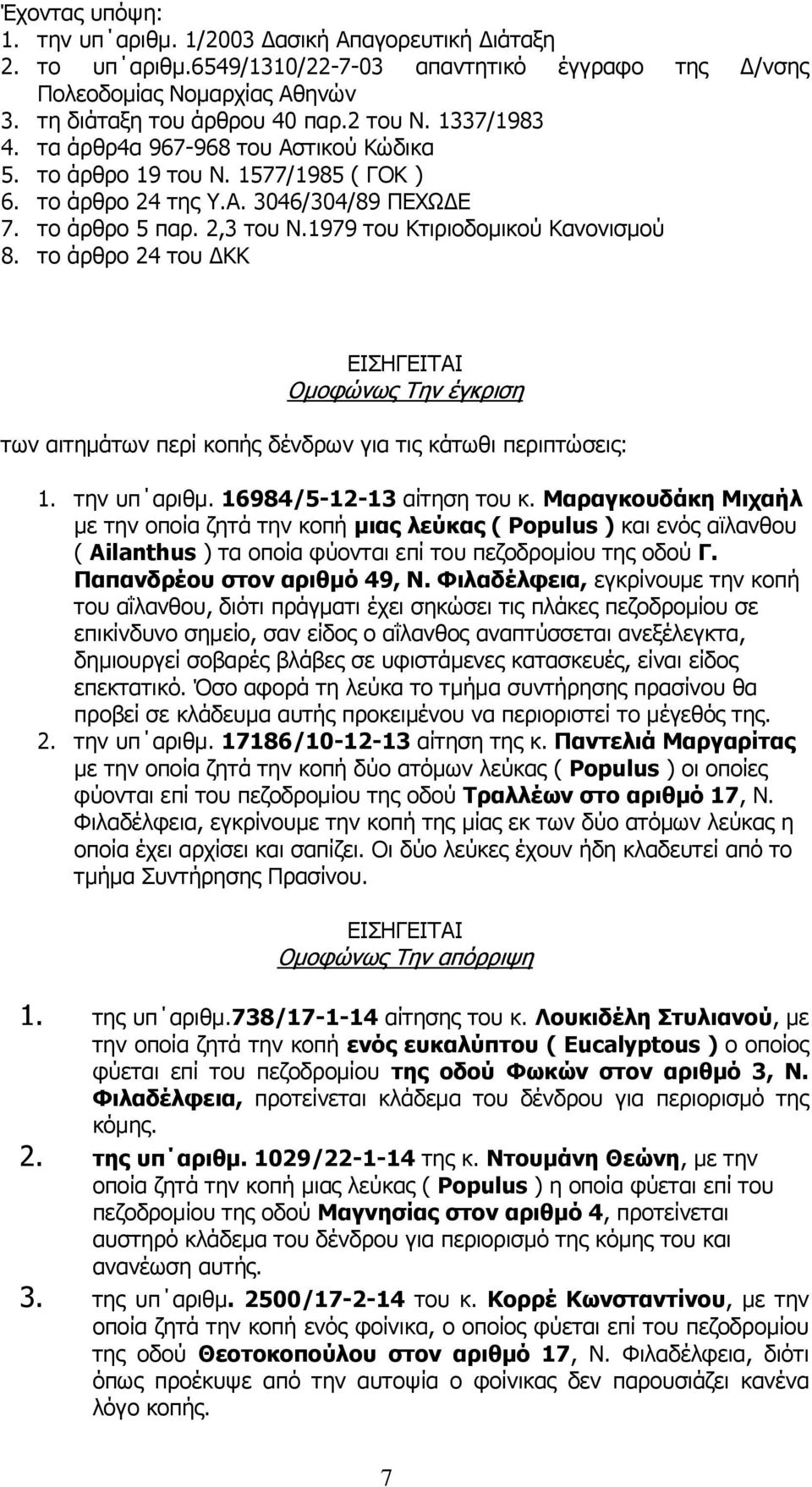 το άρθρο 24 του ΔΚΚ ΕΙΣΗΓΕΙΤΑΙ Ομοφώνως Την έγκριση των αιτημάτων περί κοπής δένδρων για τις κάτωθι περιπτώσεις: 1. την υπ αριθμ. 16984/5-12-13 αίτηση του κ.