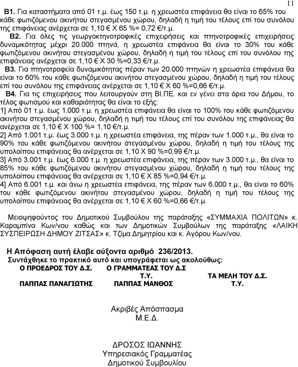 000 πτηνά, η χρεωστέα επιφάνεια θα είναι το 30% του κάθε φωτιζόμενου ακινήτου στεγασμένου χώρου, δηλαδή η τιμή του τέλους επί του συνόλου της επιφάνειας ανέρχεται σε 1,10 Χ 30 %=0,33 /τ.μ. Β3.