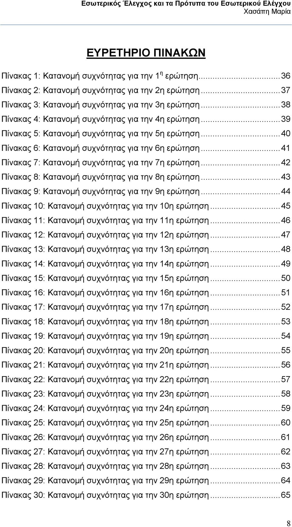 ..41 Πίνακας 7: Κατανοµή συχνότητας για την 7η ερώτηση...42 Πίνακας 8: Κατανοµή συχνότητας για την 8η ερώτηση...43 Πίνακας 9: Κατανοµή συχνότητας για την 9η ερώτηση.