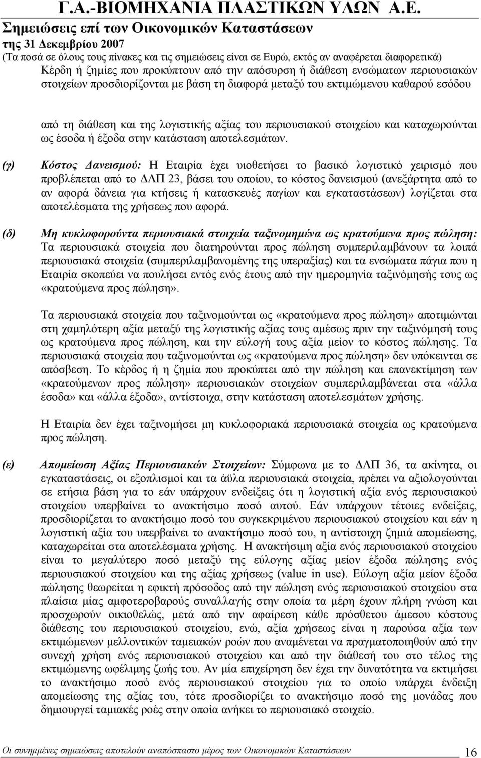 (γ) (δ) Κόστος Δανεισμού: Η Εταιρία έχει υιοθετήσει το βασικό λογιστικό χειρισμό που προβλέπεται από το ΔΛΠ 23, βάσει του οποίου, το κόστος δανεισμού (ανεξάρτητα από το αν αφορά δάνεια για κτήσεις ή