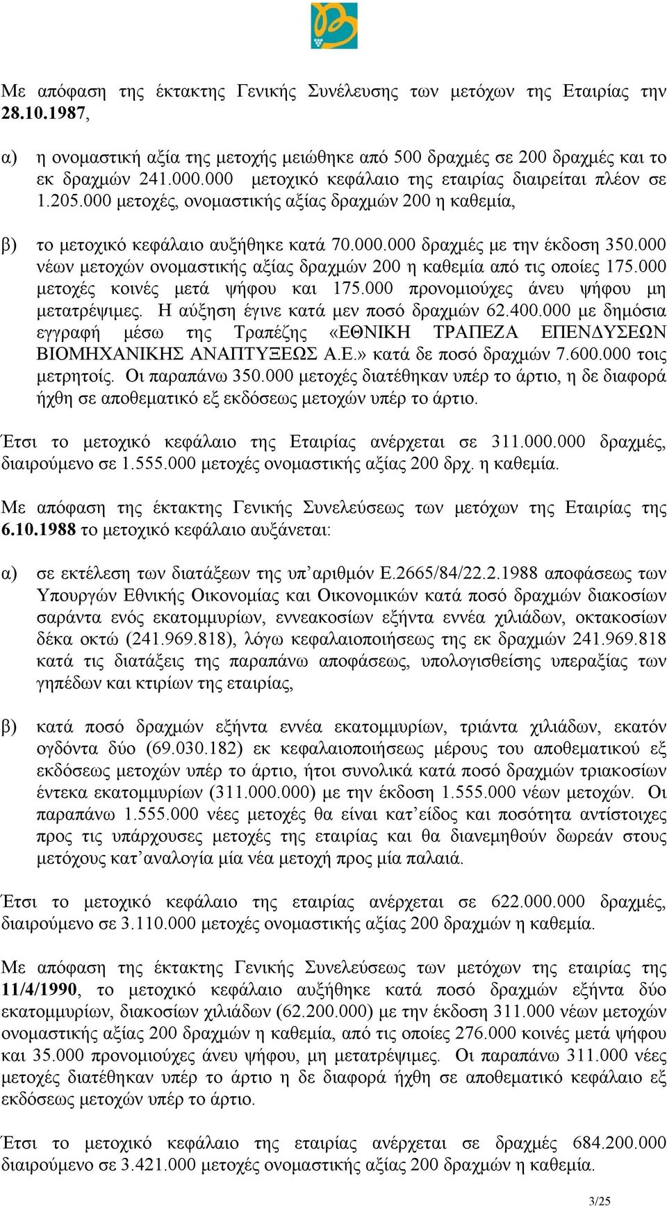 000 νέων μετοχών ονομαστικής αξίας δραχμών 200 η καθεμία από τις οποίες 175.000 μετοχές κοινές μετά ψήφου και 175.000 προνομιούχες άνευ ψήφου μη μετατρέψιμες. Η αύξηση έγινε κατά μεν ποσό δραχμών 62.