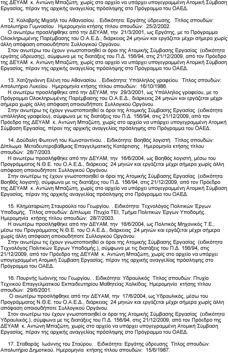 Ο ανωτέρω προσλήφθηκε από την ΔΕΥΑΜ, την 21/3/2001, ως Εργάτης, με το Πρόγραμμα Ολοκληρωμένης Παρέμβασης του Ο.Α.Ε.Δ., διάρκειας 24 μηνών και εργάζεται μέχρι σήμερα χωρίς άλλη απόφαση οποιουδήποτε Συλλογικού Οργάνου.