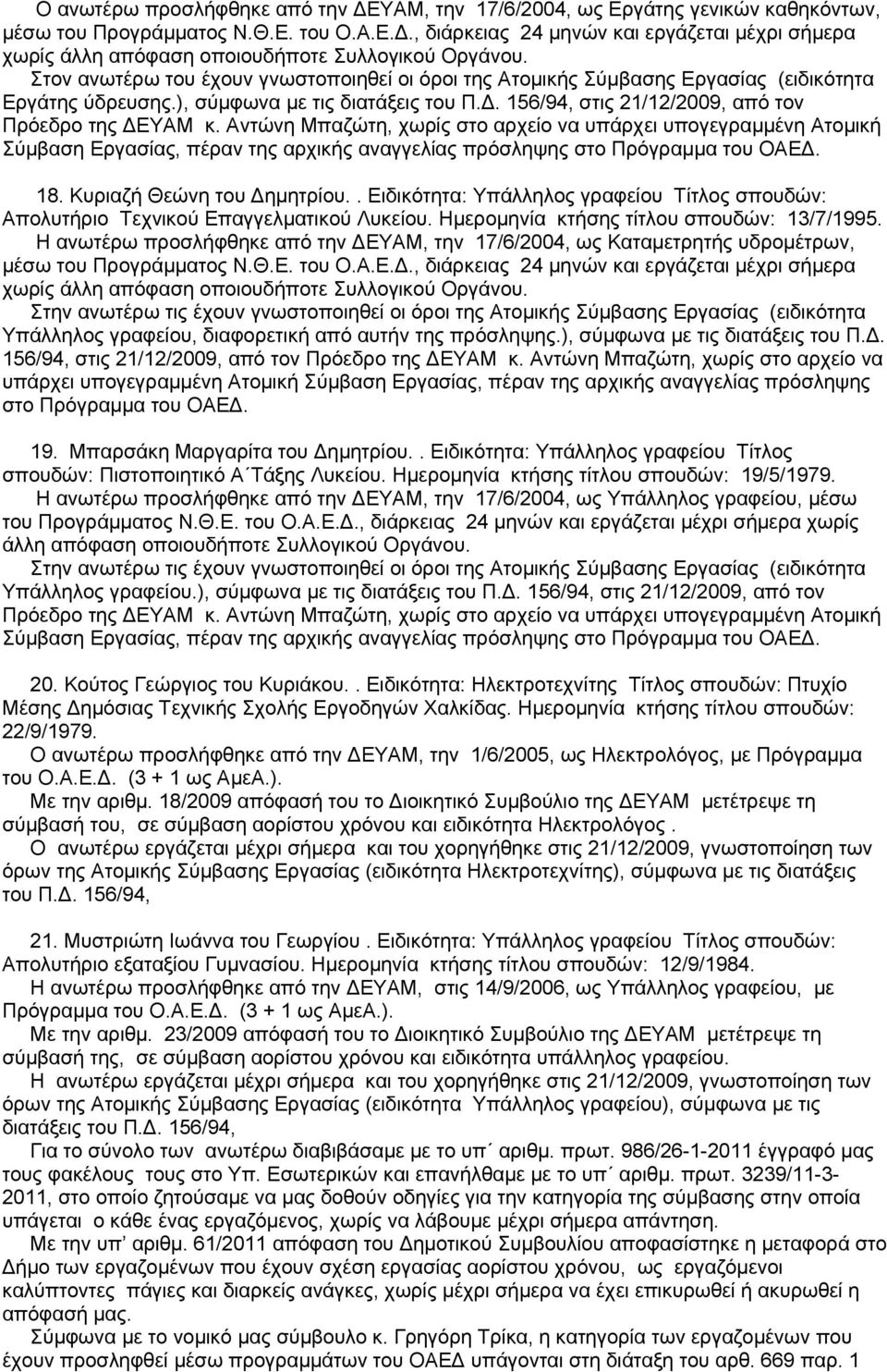 Αντώνη Μπαζώτη, χωρίς στο αρχείο να υπάρχει υπογεγραμμένη Ατομική Σύμβαση Εργασίας, πέραν της αρχικής αναγγελίας πρόσληψης στο Πρόγραμμα του ΟΑΕΔ. 18. Κυριαζή Θεώνη του Δημητρίου.