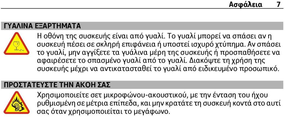 Αν σπάσει το γυαλί, μην αγγίξετε τα γυάλινα μέρη της συσκευής ή προσπαθήσετε να αφαιρέσετε το σπασμένο γυαλί από το γυαλί.