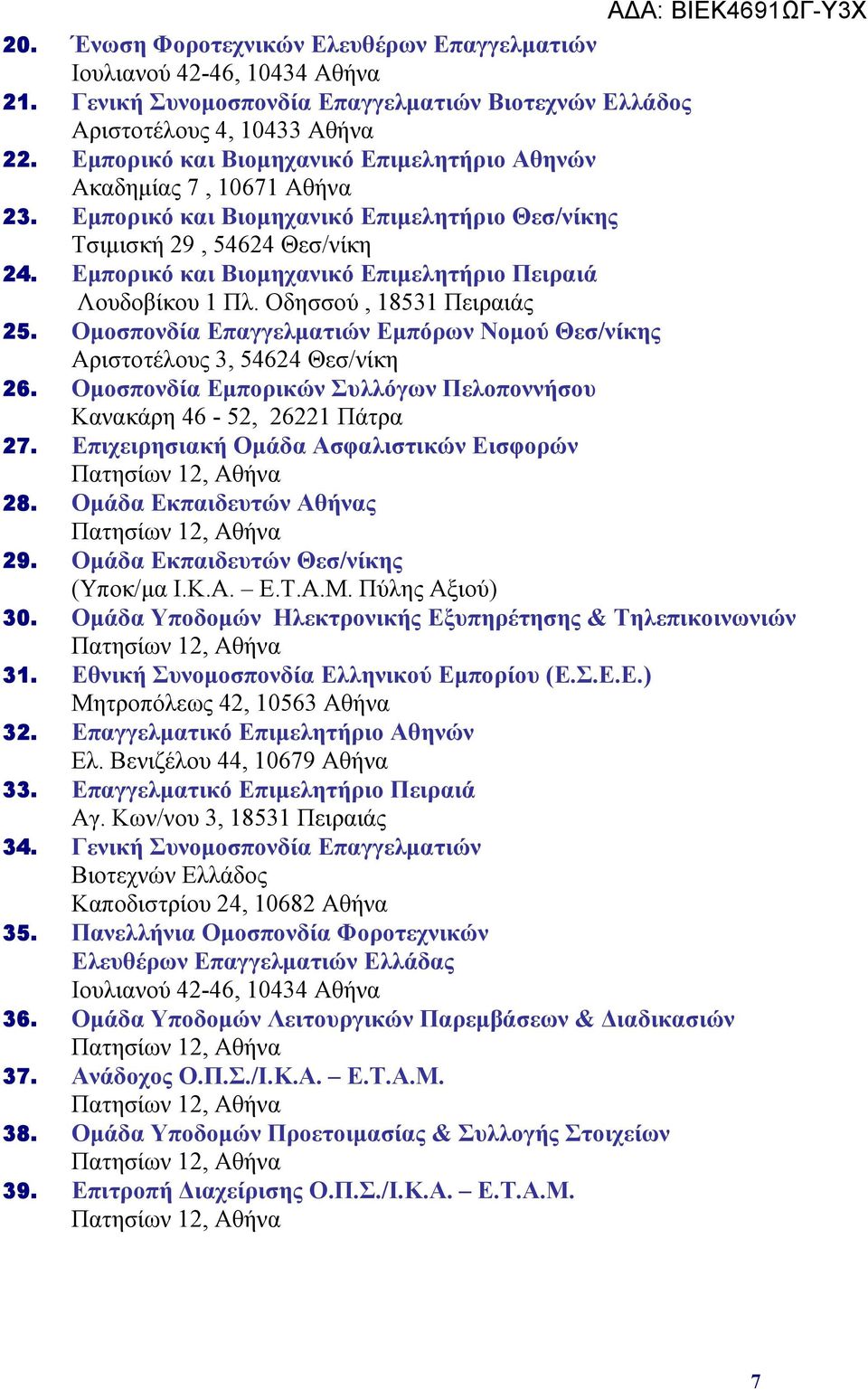 Εμπορικό και Βιομηχανικό Επιμελητήριο Πειραιά Λουδοβίκου 1 Πλ. Οδησσού, 18531 Πειραιάς 25. Ομοσπονδία Επαγγελματιών Εμπόρων Νομού Θεσ/νίκης Αριστοτέλους 3, 54624 Θεσ/νίκη 26.