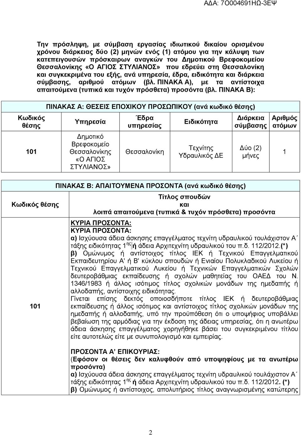 ΠΙΝΑΚΑ Α), με τα αντίστοιχα απαιτούμενα (τυπικά και τυχόν πρόσθετα) προσόντα (βλ.