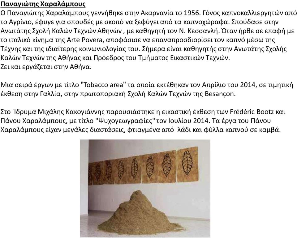 Πταν ιρκε ςε επαφι με το ιταλικό κίνθμα τθσ Arte Povera, αποφάςιςε να επαναπροςδιορίςει τον καπνό μζςω τθσ Τζχνθσ και τθσ ιδιαίτερθσ κοινωνιολογίασ του.